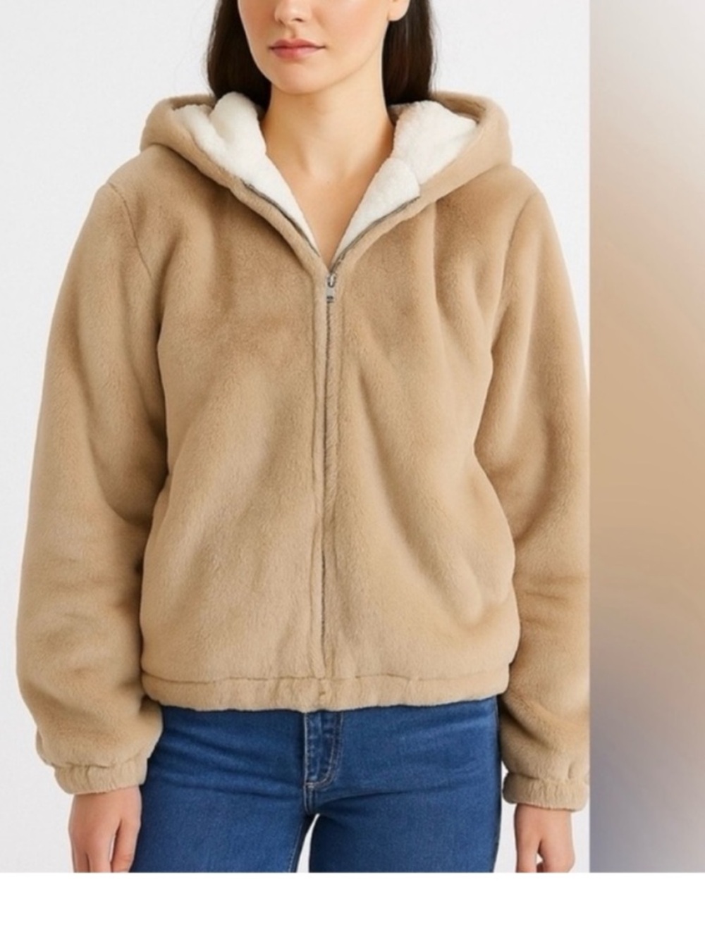 Angel Kiss Plush Hooded Zip Jacket in Camel with Cream Lining